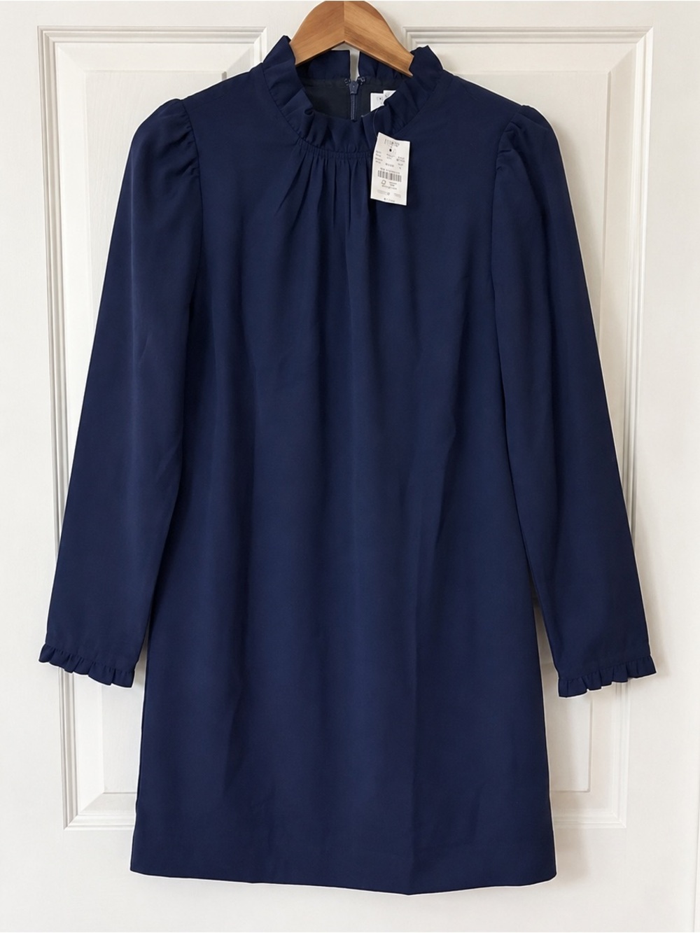 NWT J.Crew Factory Navy Ruffleneck Long Sleeve Shift Dress Size 0